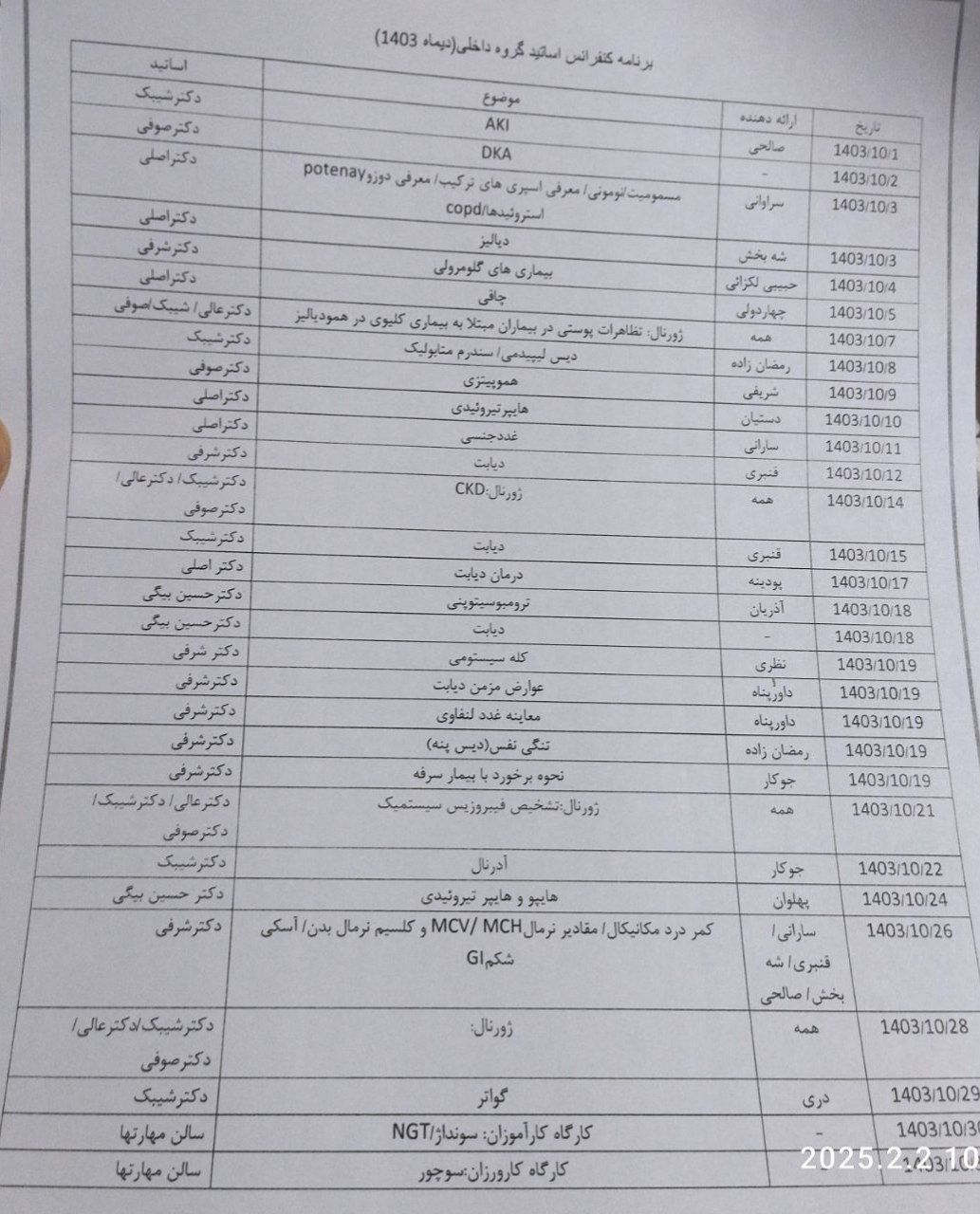 برنامه ارائه کنفرانس اساتید گروه داخلی